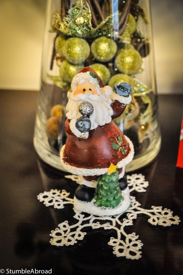 Hand sewn snowflake and Santa (presents from grandma and grandpa) 