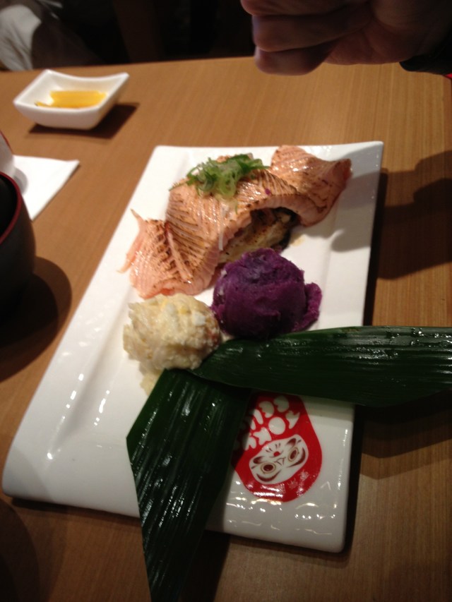 Salmon over sea scallops and mushrooms with sweet potato puree