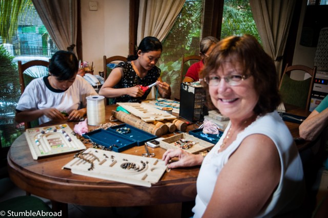 My mother-in-law waiting for her necklace to be ready