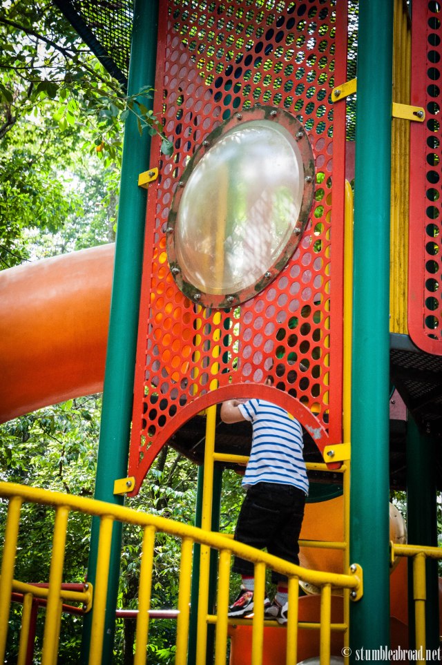 Evan was a pro climbing the ladders and going down the slide. 