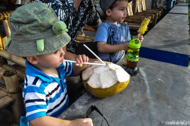 Trying the coconut water