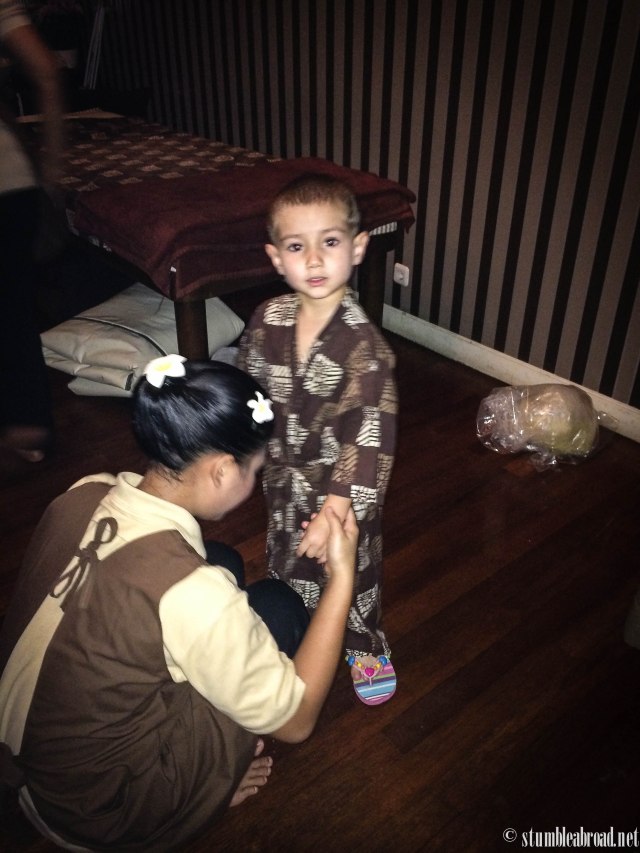 Evan wearing his mini-robe. 