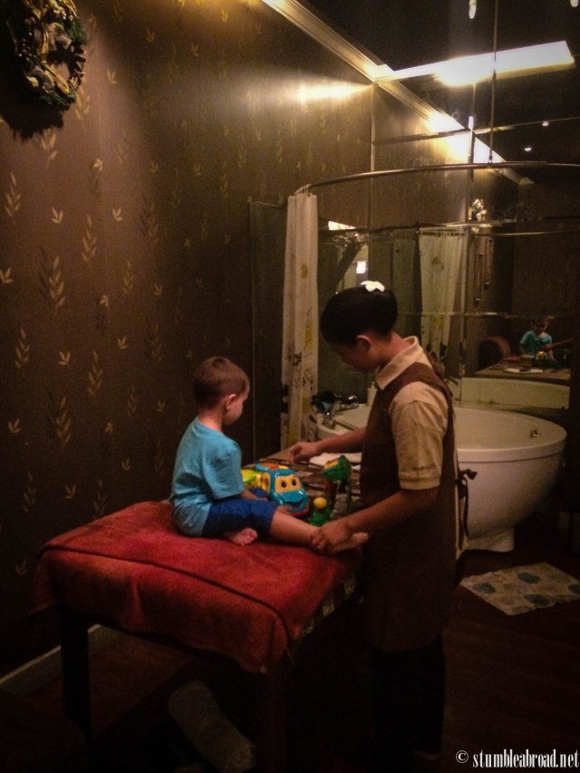 Getting acquainted with his massage therapist. 